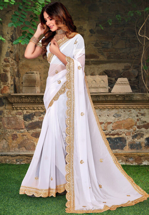 White Sequence Coding Embroidered Work Georgette Designer Saree for Festival Wear