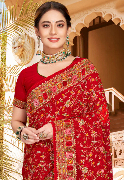 Resham Maroon Georgette embroidery Traditional Saree for  party wear collection