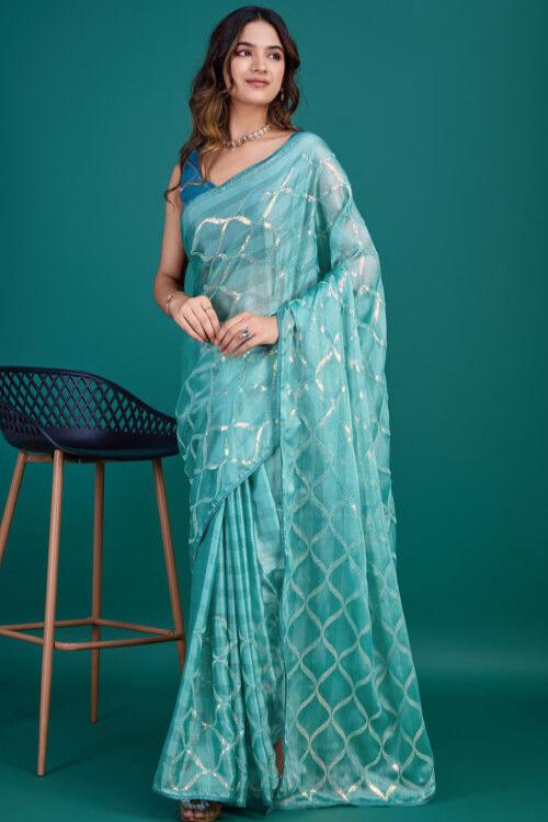 Georgette Chiffon Sequence Embroidered Georgette Turquoise Saree for woven