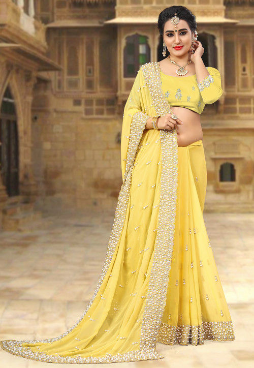 Pearl Embroidered Georgette Saree with Georgette Moti Work For Haldi