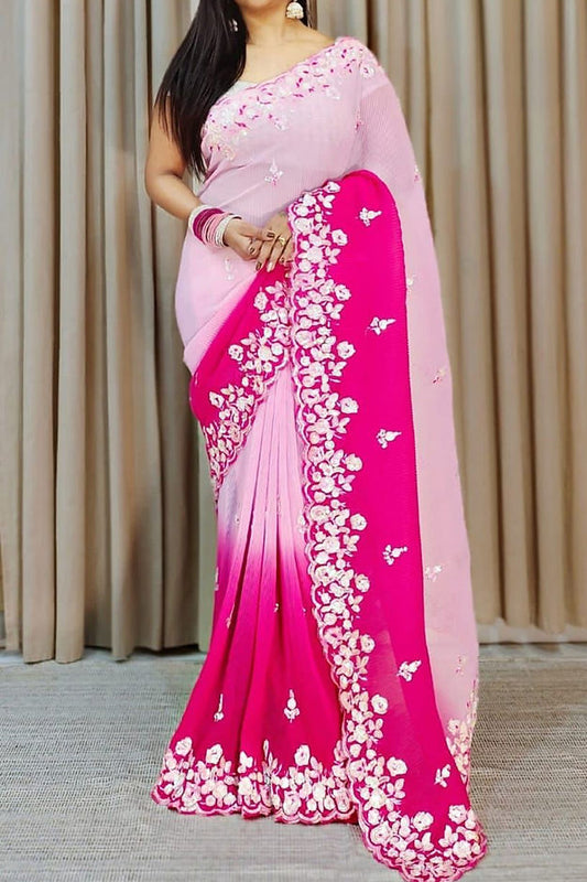 Designer One piece Pink colored Silk Printed Saree