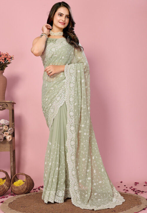 Green Resham Georgette Embroidered Saree with Contrast Border for partywear graceful