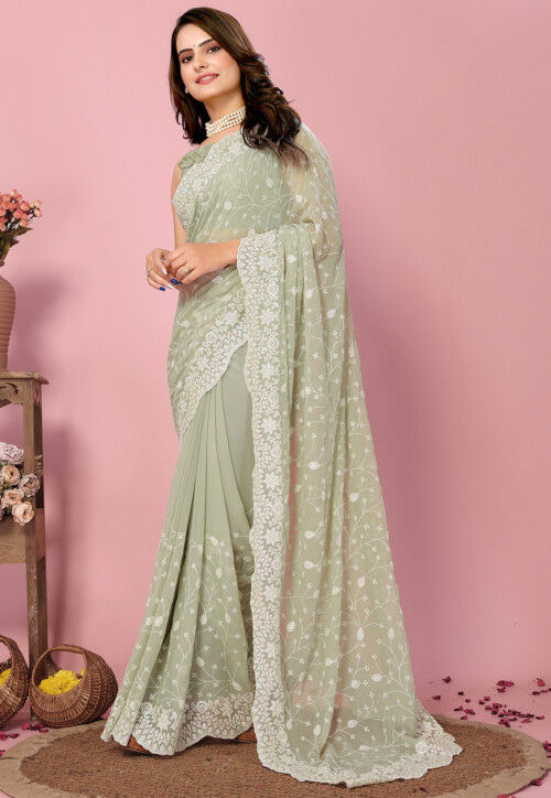 Green Resham Georgette Embroidered Saree with Contrast Border for partywear graceful