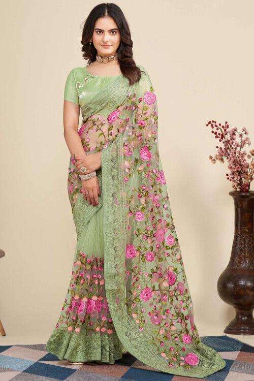 Floral Embroidered Bollywood Net Reception Saree with Thread work for woven