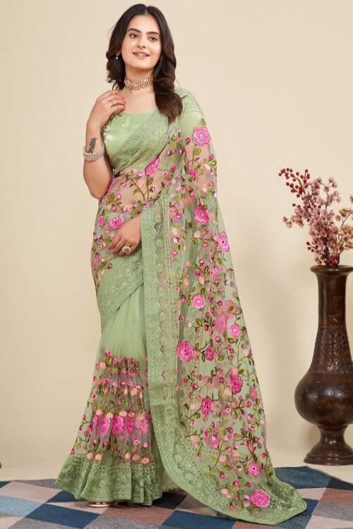 Floral Embroidered Bollywood Net Reception Saree with Thread work for woven