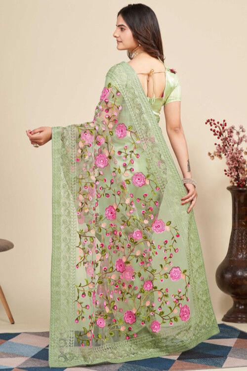 Floral Embroidered Bollywood Net Reception Saree with Thread work for woven