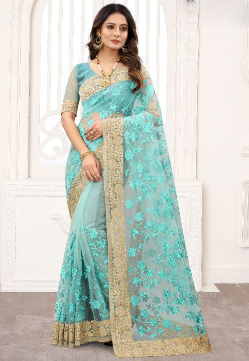 Resham Work Embroidered Net Light Blue Classic Designer Saree for girls