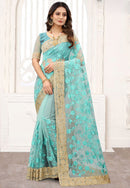 Resham Work Embroidered Net Light Blue Classic Designer Saree for girls