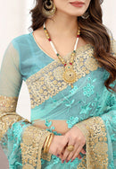 Resham Work Embroidered Net Light Blue Classic Designer Saree for girls