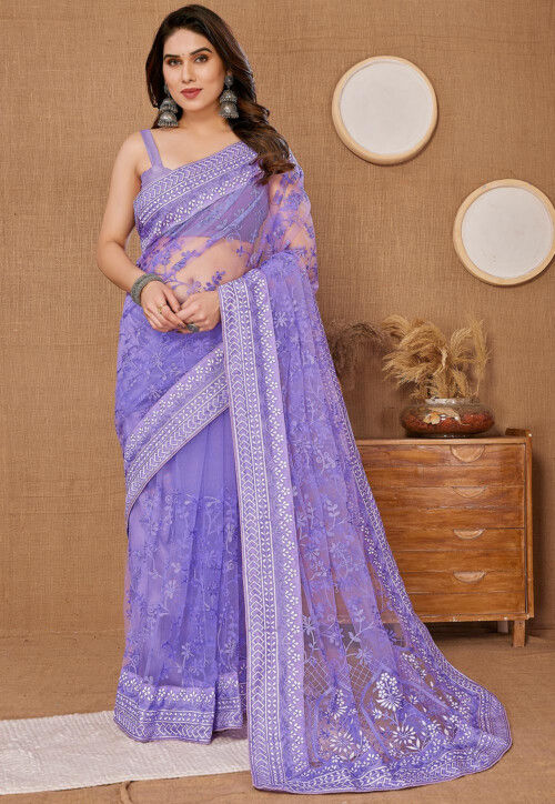 Floral Embroidered Net Saree with Contrast Border for woven