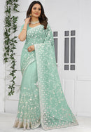 Net Reception Saree in Blue with Stone work for Traditional Saree For Ceremonial