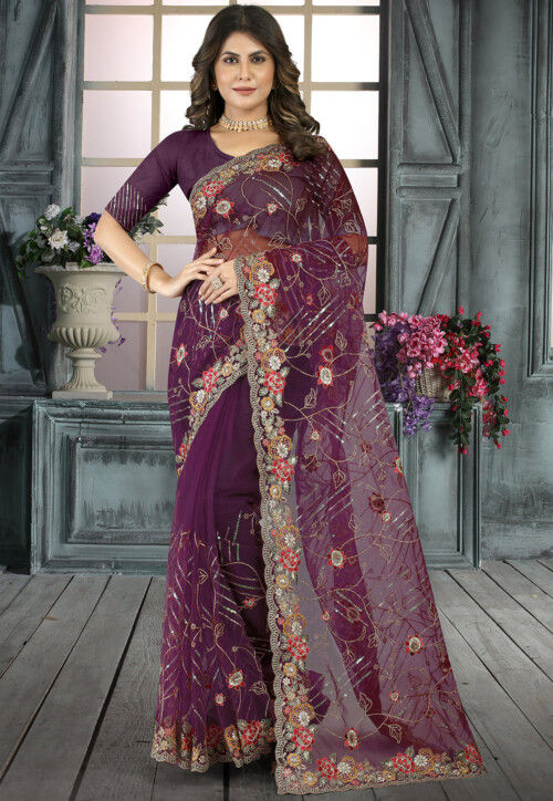 Women Embroidered Organza Net Scalloped Saree for girls callection