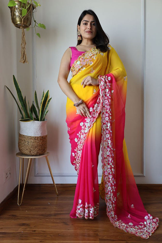 Divine Yellow Colored Golden Flower Gota Machine Weaving Soft Silk Sari