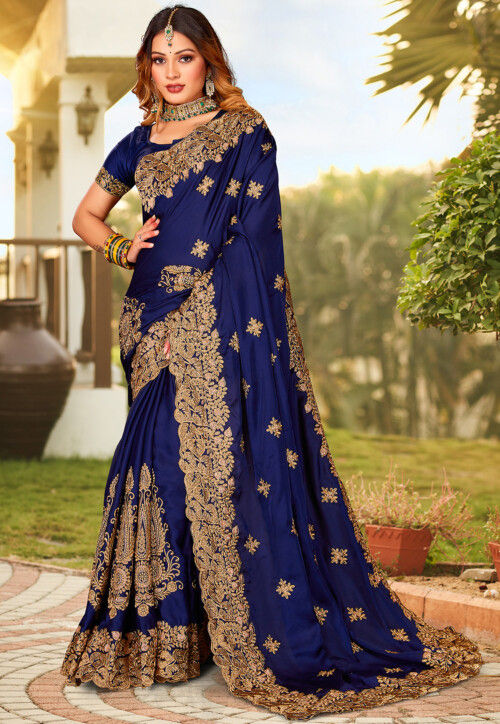 zari resham embroidered border satin party wear Satin Silk saree with Thread work