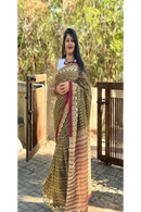 Pure Mulmul Cotton Gadhwal dIgital print saree with golden thraed zari