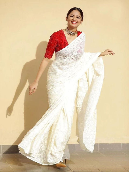 Designer One piece Cream colored Silk Saree for Party wear collection