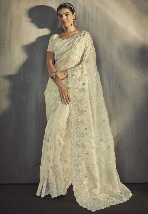 Tissue Wedding Saree with unique embroidery work for woven