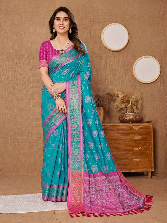 Charismatic Light Blue Color Linen Block Print Saree  with pink border