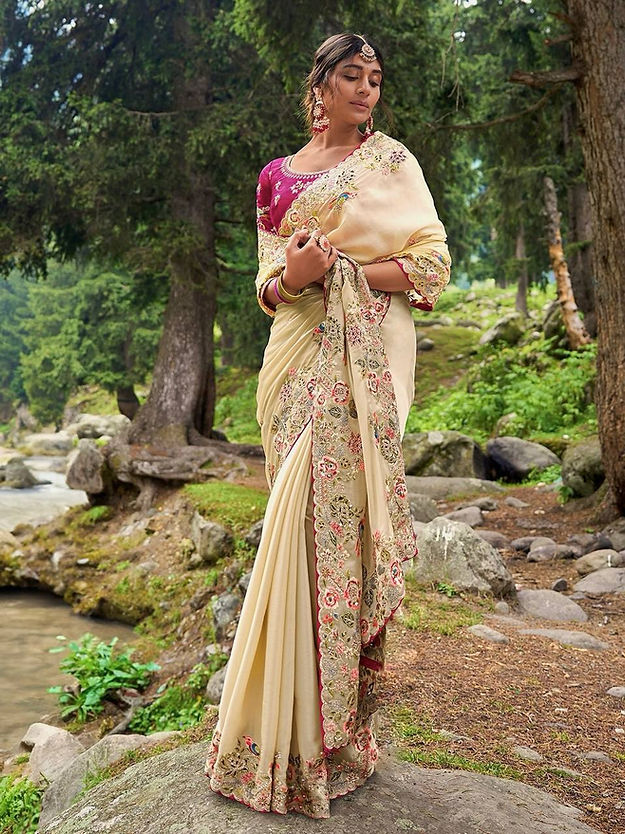 Designer Ethnic Satin Silk Fancy cream yellow Saree for woven