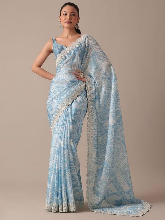 Designer light Blue Color Digital Hand Printed Saree with cutout work border