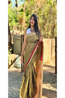 Pure Mulmul Cotton Gadhwal dIgital print saree with golden thraed zari