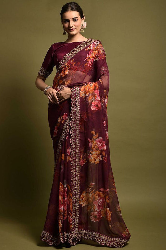 Engrossing Maroon Color Soft Linen Silk Hand Printed Saree collection