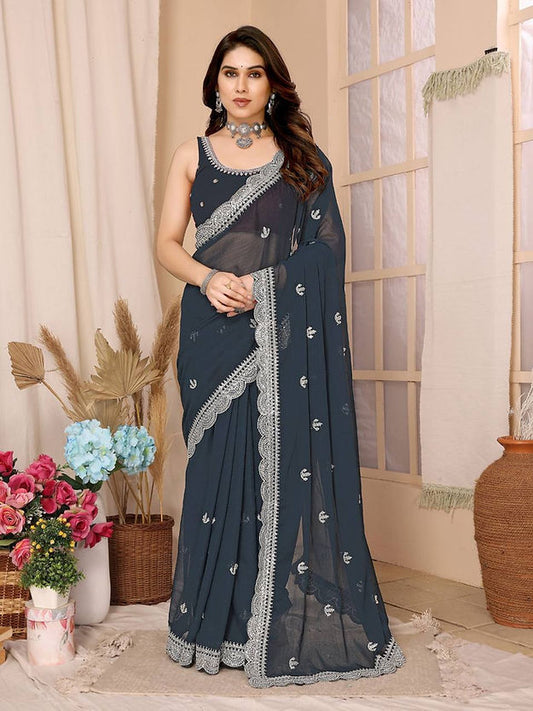 Navy Blue Chiffon Embroidered Georgette Saree  for woven