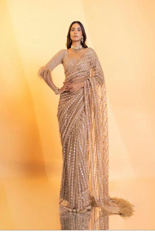 Designer Beige colored Soft printed sequence design saree for woven