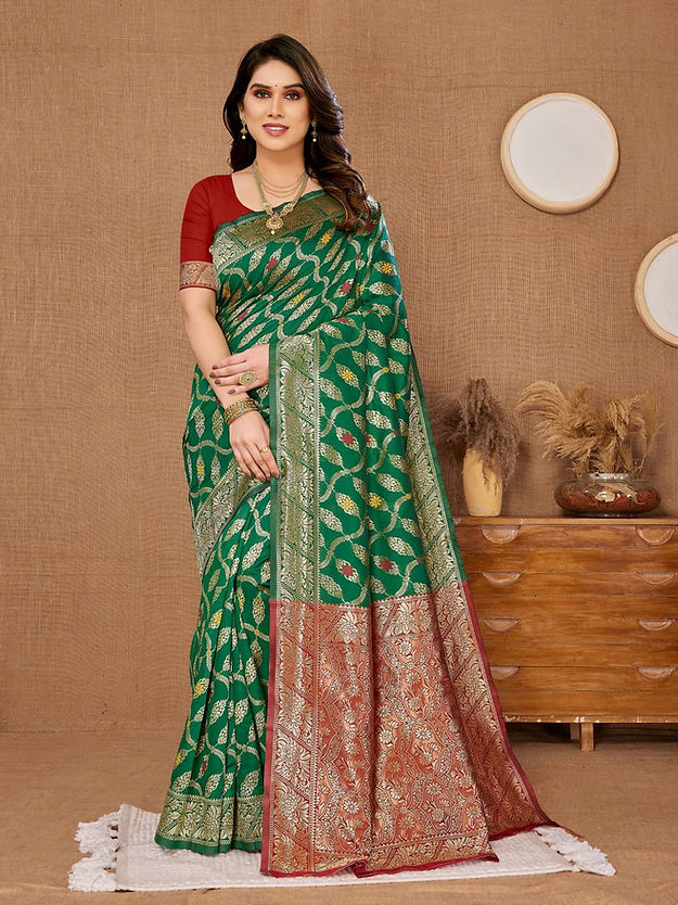 Charming Banarasi Pure Soft Silk cotton Green Color Saree