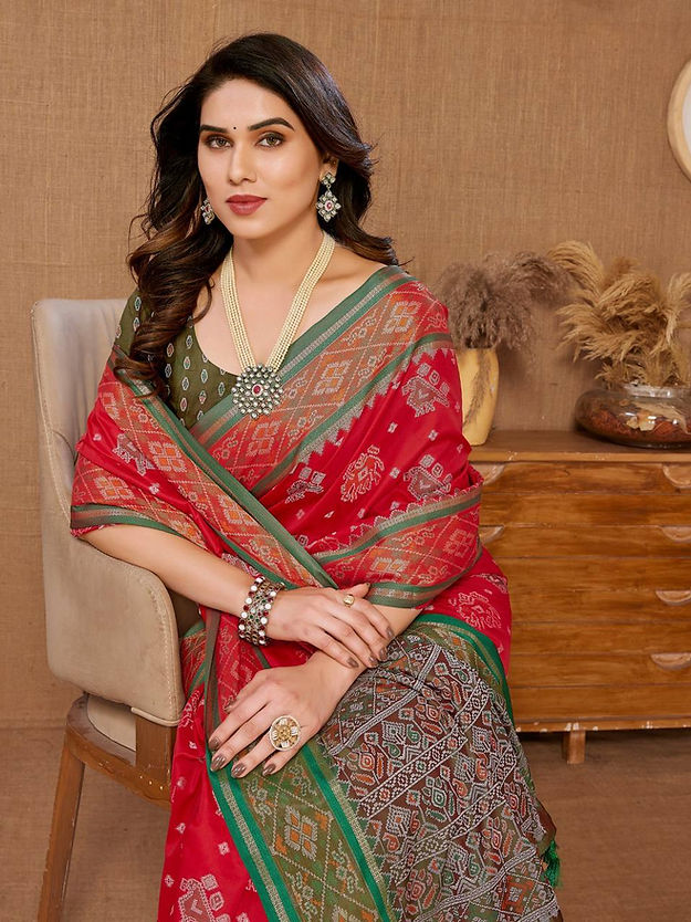 Chanderi Silk Red Color Checkered Print kanjivaram Saree