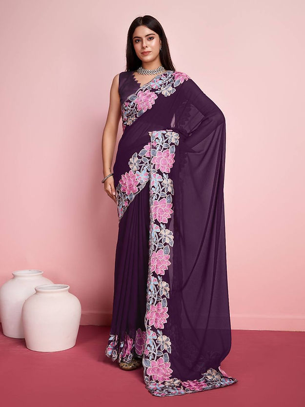 Dashing purpled Color Soft Satin Patta Designer printed saree