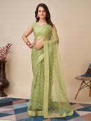 Pure Net Fabric Green Color Pleasance Saree With Soft Linen Silk Saree