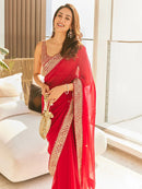 Engrossing  Red Color Soft Linen printed saree for party wear Collection