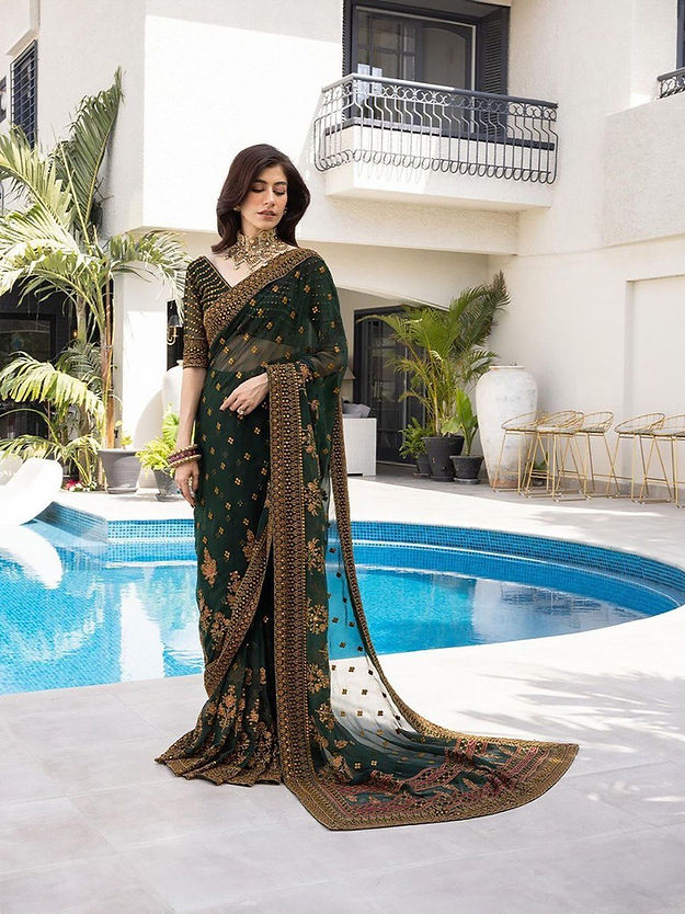 Exceptional Dark Green Color Soft Satin digital printed saree For woven