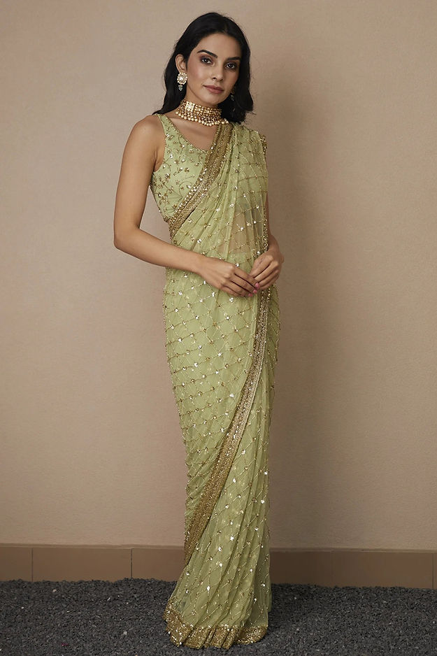 Classy Floral Ruffle Bordered Printed Khadi Saree for party wear