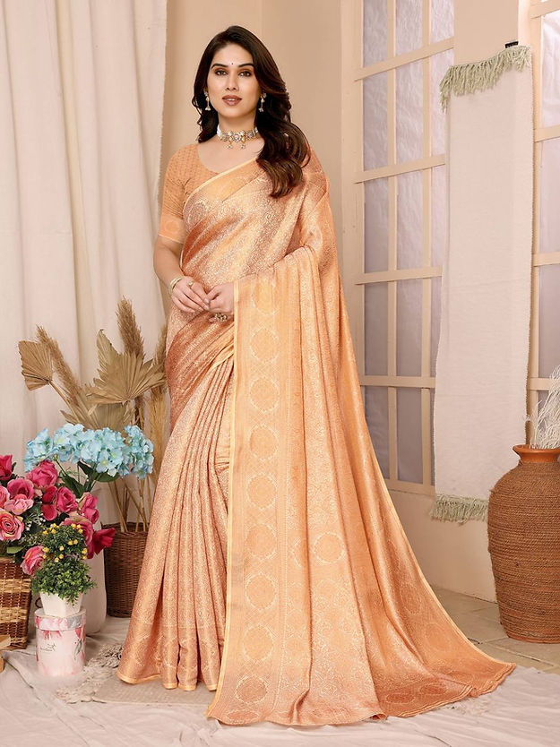 Charismatic Peach Linen Designer Multi Printed Sarees