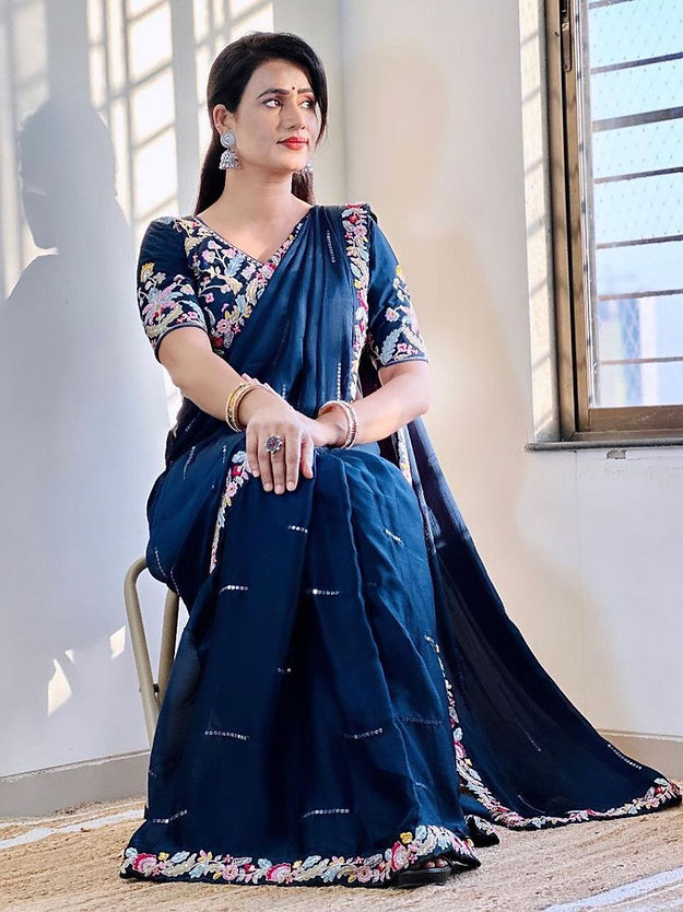 Designer Navy Blue Soft Silk Thread Work Saree for part wear collection