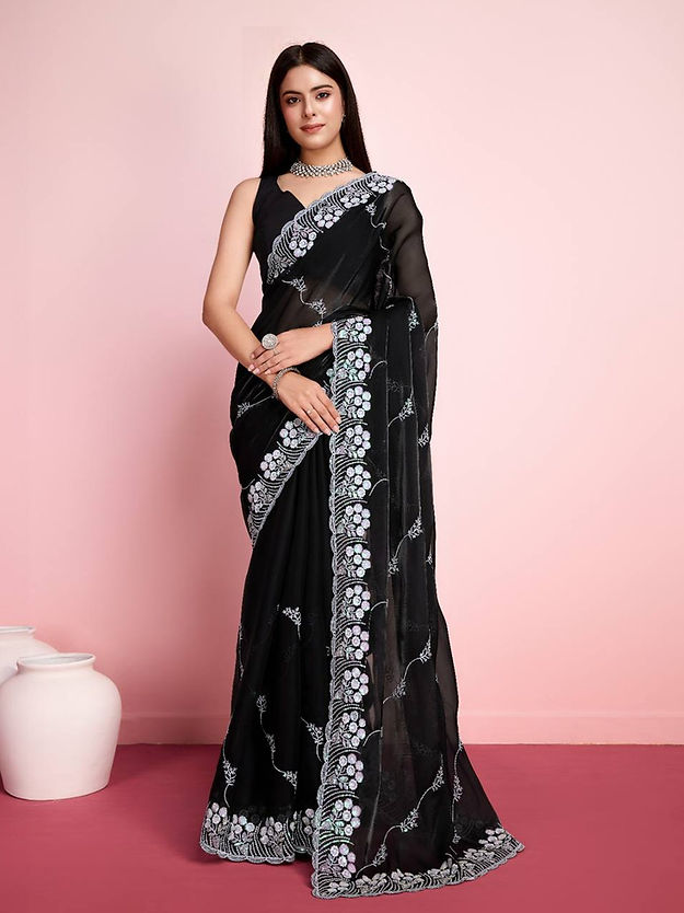 Dark black With cream Block Printed Hand Weaving Cotton Saree