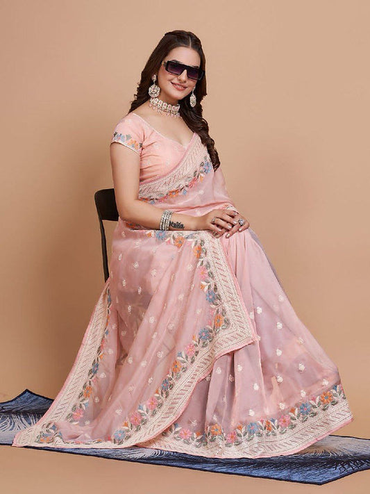 Designer Party Wear cotton Pink Embroidered Organza Saree for woven