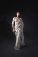 Exceptional Light Cream Color Soft Satin Printed saree for woven wear