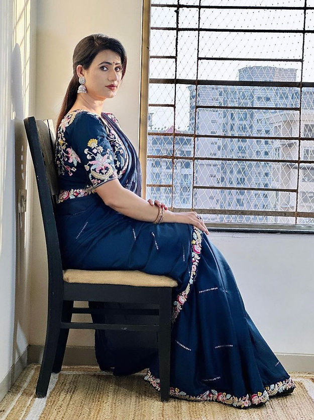 Designer Navy Blue Soft Silk Thread Work Saree for part wear collection