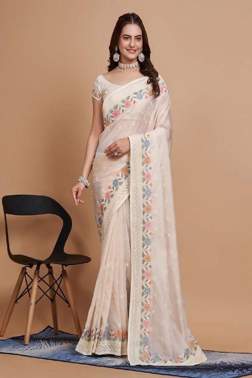 Digital Print Work Trendy Classic with Peach Embroidered Organza Saree for woven