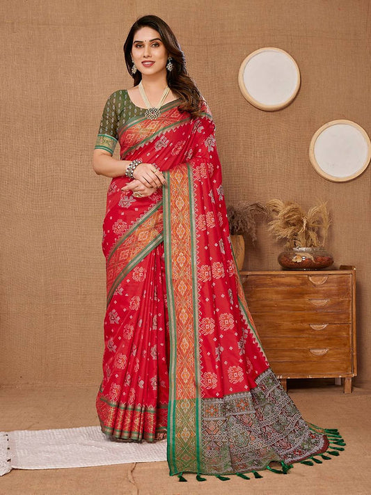 Chanderi Silk Red Color Checkered Print kanjivaram Saree