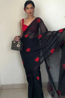 Engrossing Kattu Pure Soft Silk Black Colour Saree with red heart Work