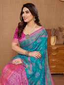 Charismatic Light Blue Color Linen Block Print Saree  with pink border