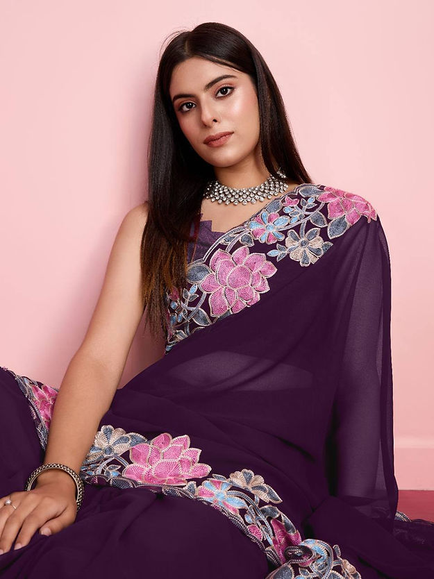 Dashing purpled Color Soft Satin Patta Designer printed saree