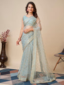 Classy Floral Ruffle Bordered Printed Ikat Saree for fashion wear