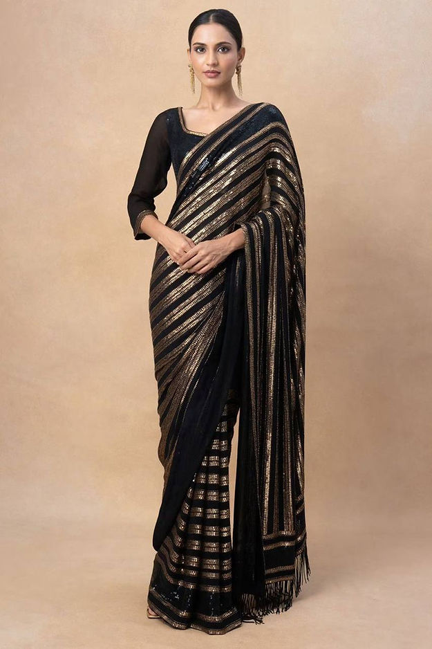 Designer One piece Black colored Silk kanchivaram saree for party wear collection