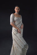 Exceptional Light Cream Color Soft Satin Printed saree for woven wear