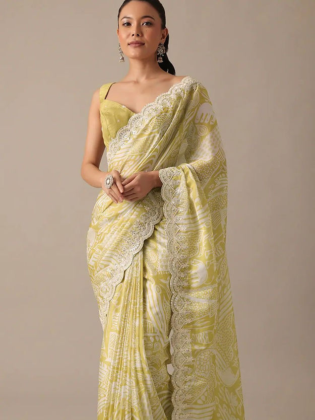 Designer Lime yellow Color Heavy Embroidery Work Saree for woven